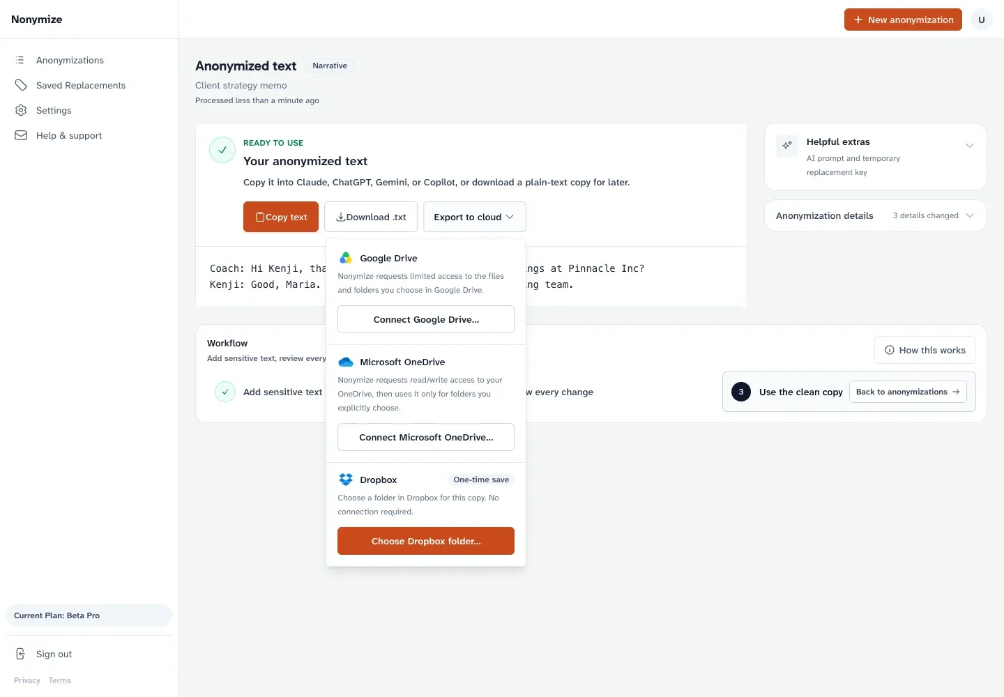 Finalized Nonymize result showing copy, text download, and cloud export options for Google Drive, Microsoft OneDrive, and Dropbox