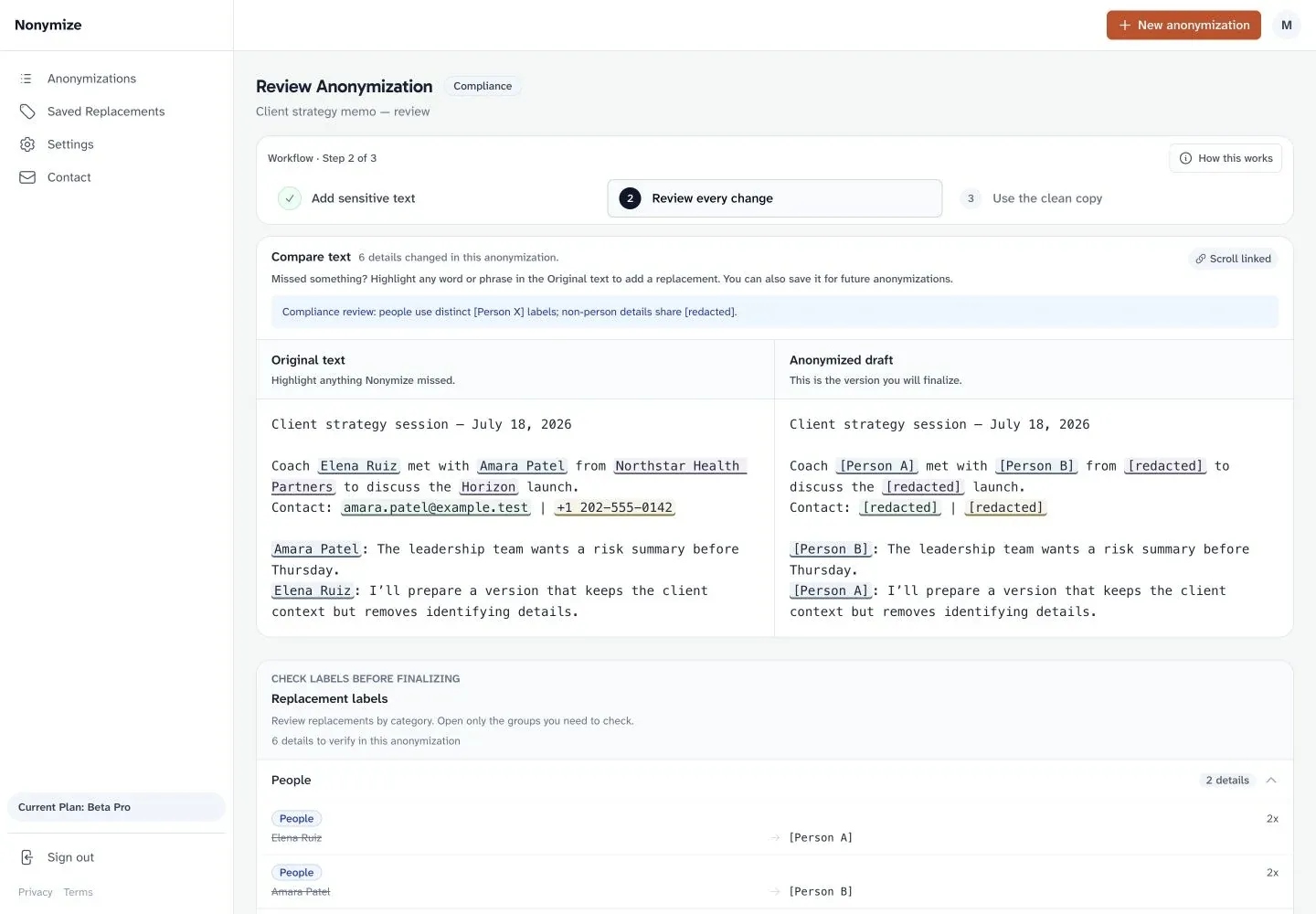Nonymize review screen comparing original and anonymized text side by side