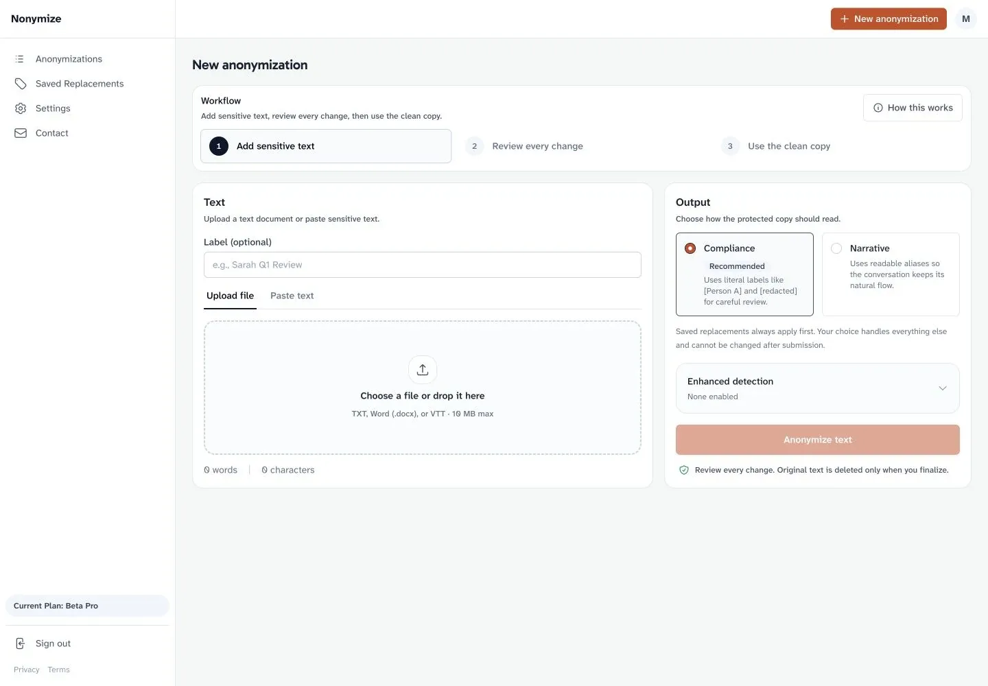 Nonymize upload screen showing support for TXT, Word DOCX, and VTT files